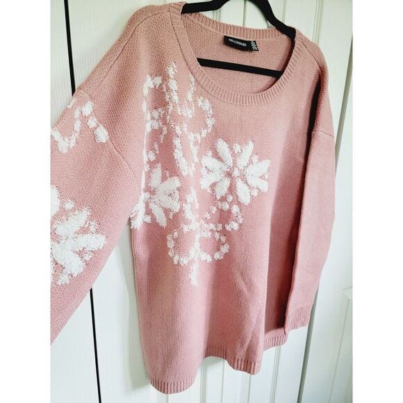Nina Leonard XL Sweater Heavy Knit Pink White Snowflake Stretch L/S Round Neck - Picture 4 of 8